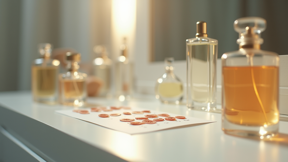 Eye-level view of a perfume testing station with various scent strips and bottles