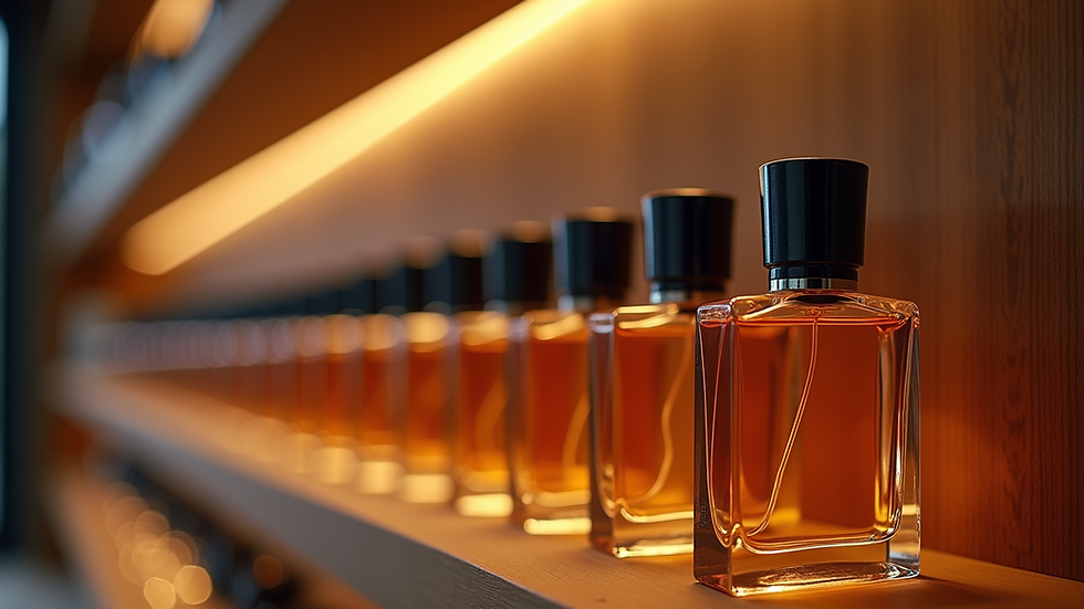 Close-up view of perfume bottles arranged on a wooden shelf