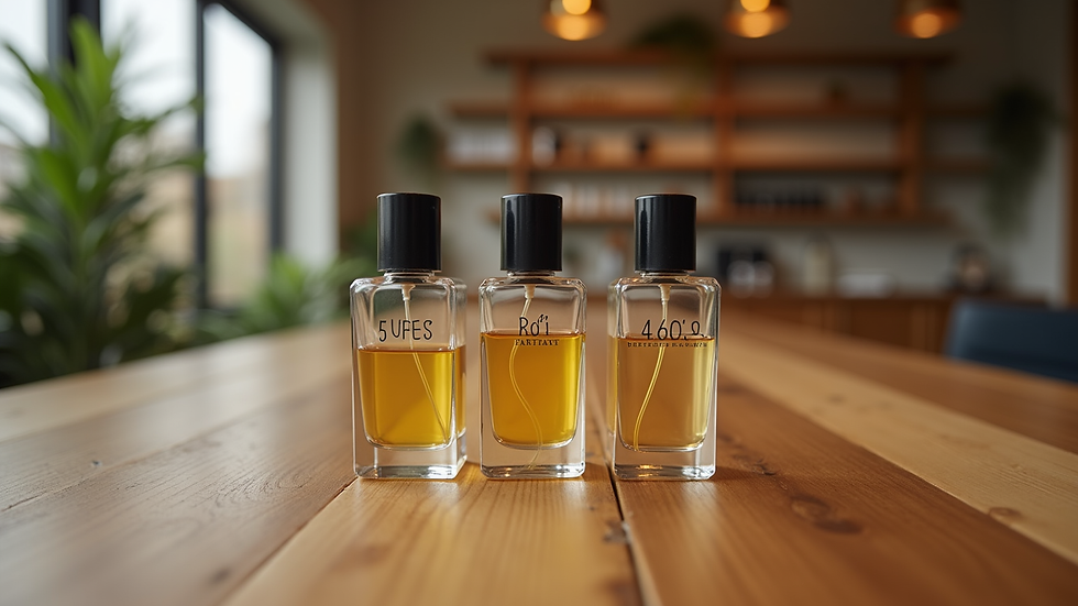Eye-level view of perfume samples arranged on a wooden table