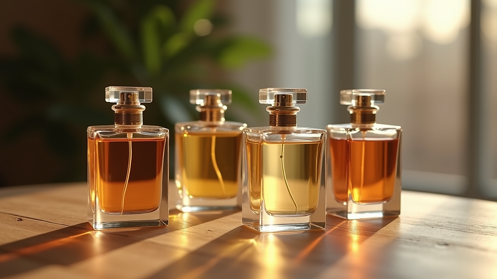 Close-up view of perfume bottles arranged on a wooden table