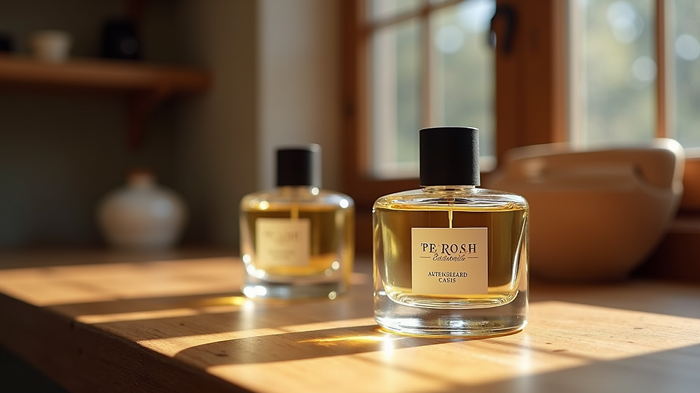 Close-up view of artisanal perfume bottles arranged on a wooden table