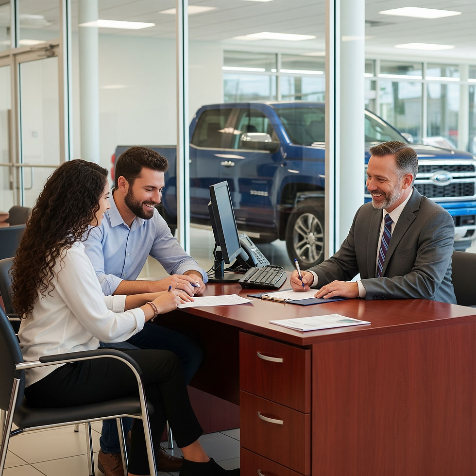co-signer and main borrower reviewing car loan application with lender at dealership desk