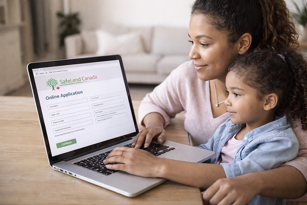 Mother and child applying for car loan refinancing online from home in Canada