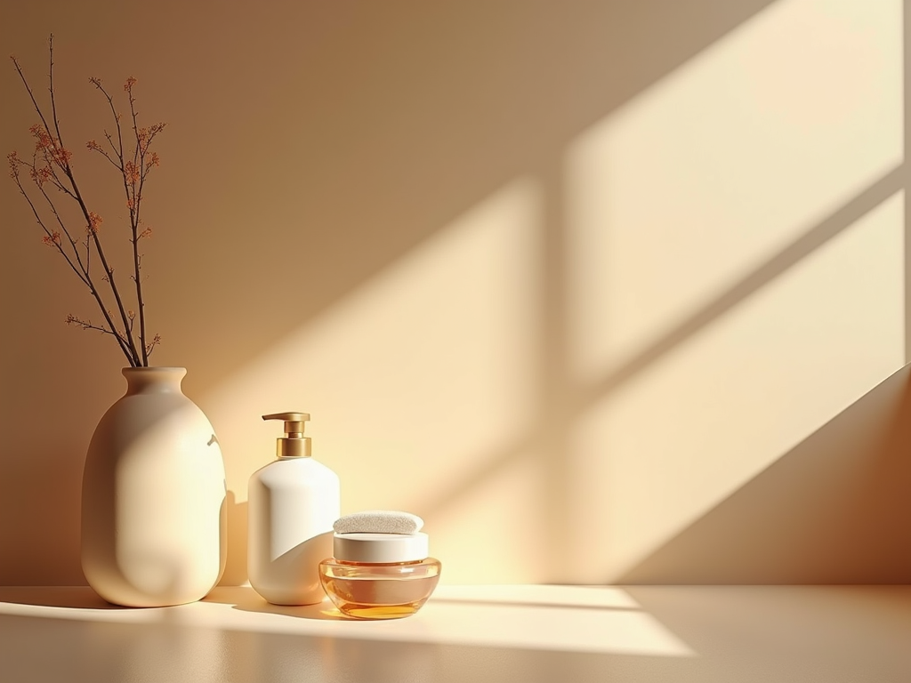A serene wellness studio atmosphere with warm diffused natural lighting and organic textures.