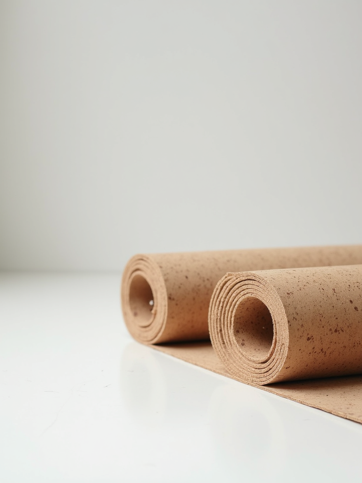 A carefully rolled cork yoga mat resting on a clean white floor.