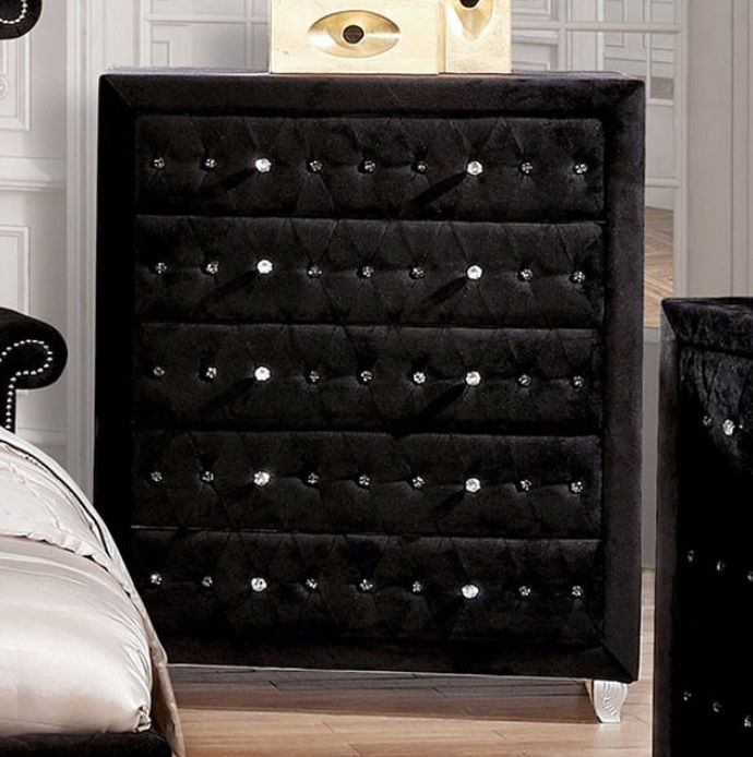 Furniture of America Alzir 40" 5-Drawer Chest with Black Velvet Upholstery