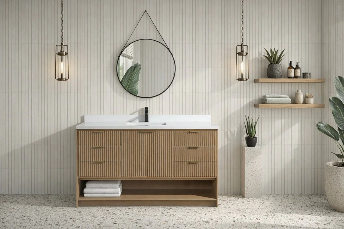 Ari Bath San Diego 60" Floating Vanity with White Ceramic Sink in Oak