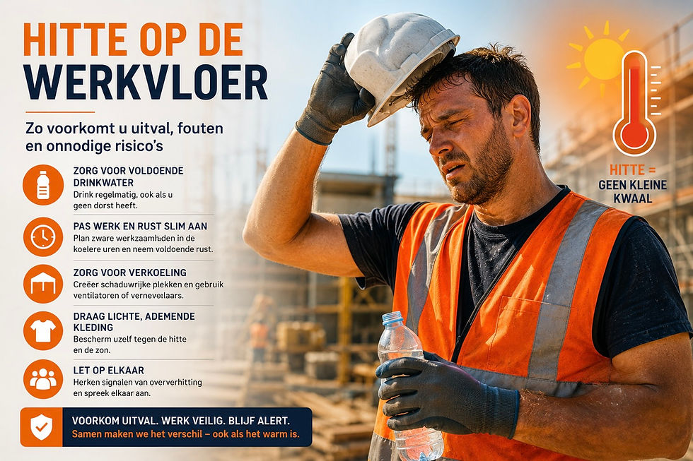 Bouwmedewerker werkt tijdens extreme hitte op een bouwplaats en neemt maatregelen tegen oververhitting. Infographic met tips voor hittepreventie, werkveiligheid, verzuimpreventie en duurzame inzetbaarheid op de werkvloer.