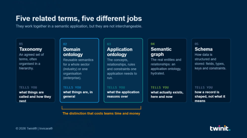 Definition of Taxonomy, domain ontology, application ontology ,schema and semantic graph