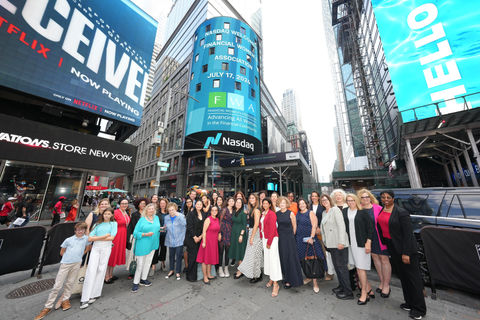 Group photo in Times Square with Nasdaq building and text. PARC Solutions LLC.