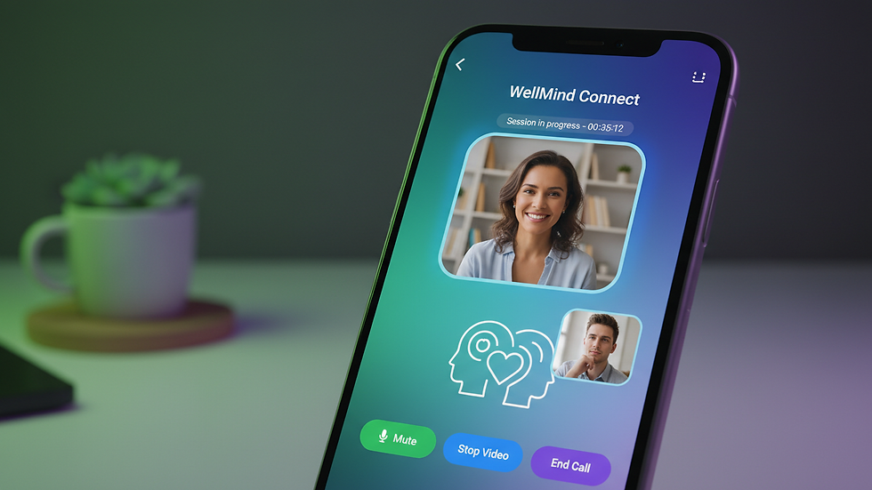 Close-up view of a smartphone showing a teletherapy app interface