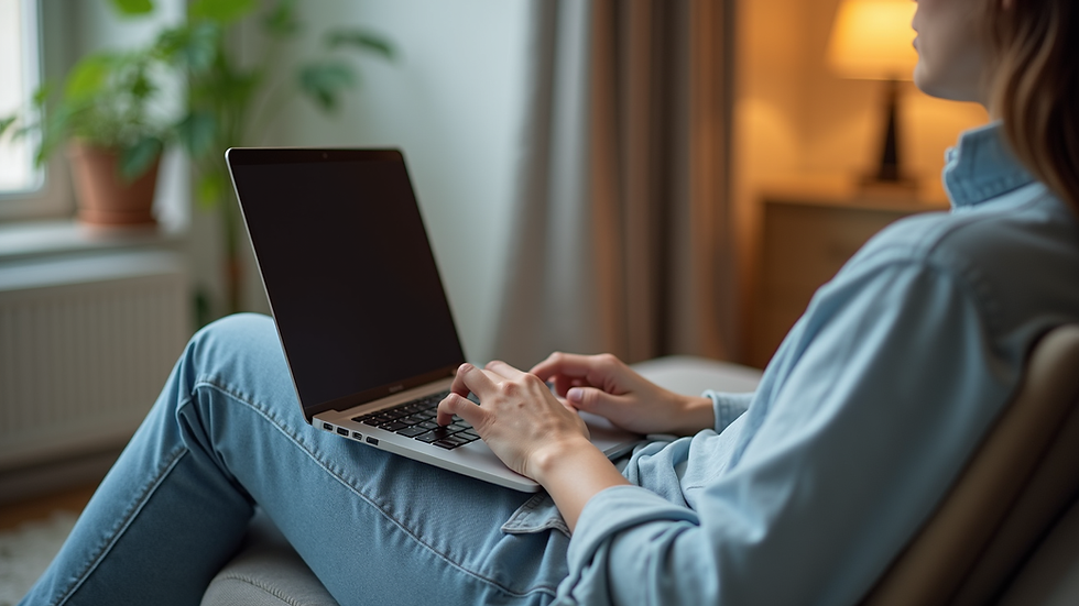 Close-up view of a person sitting comfortably with a laptop for an online therapy session