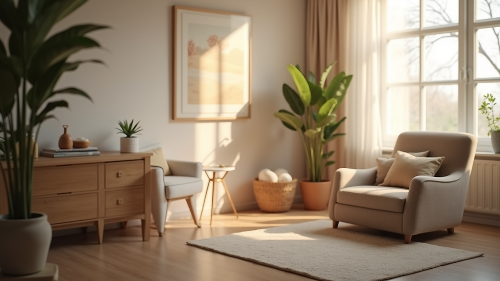 Eye-level view of a cozy therapy room with a comfortable chair and soft lighting