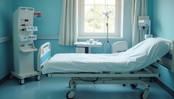 Close-up view of a hospital bed with medical equipment in a quiet room