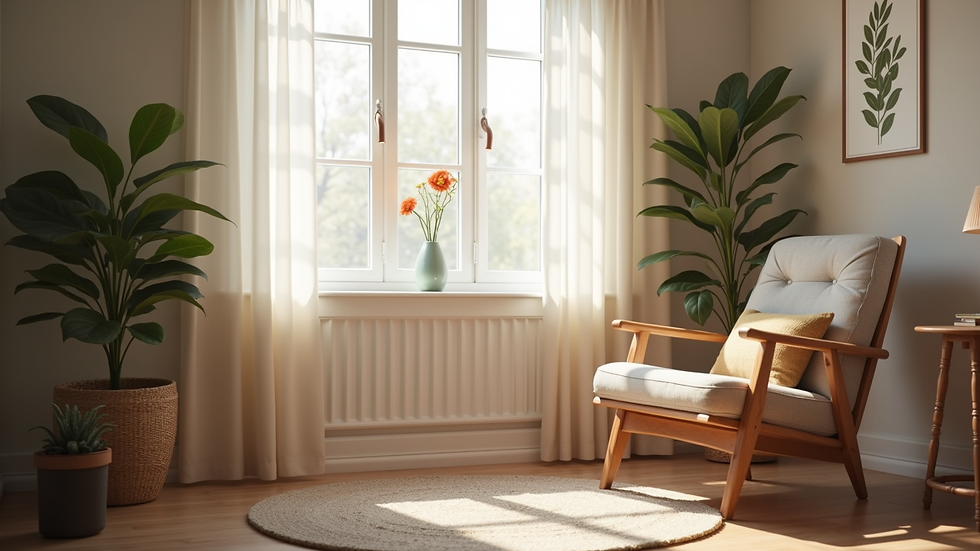 Eye-level view of a cozy therapy office with a comfortable chair and soft lighting