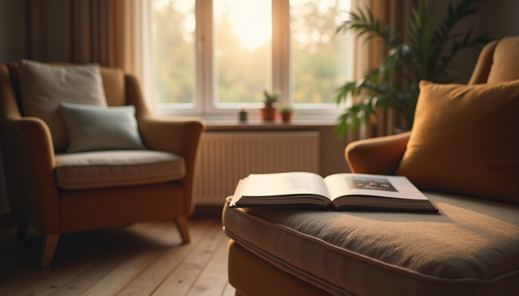 Eye-level view of a cozy living room with a comfortable armchair and a small table holding a photo album