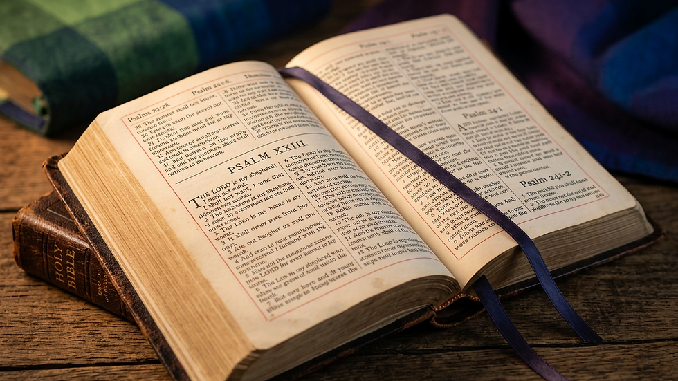 Close-up view of an open Bible with a soft light shining on the pages