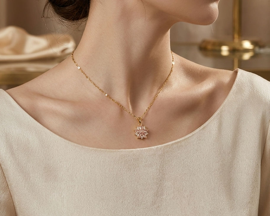 Blush Pink Crystal Flower Pendant Necklace