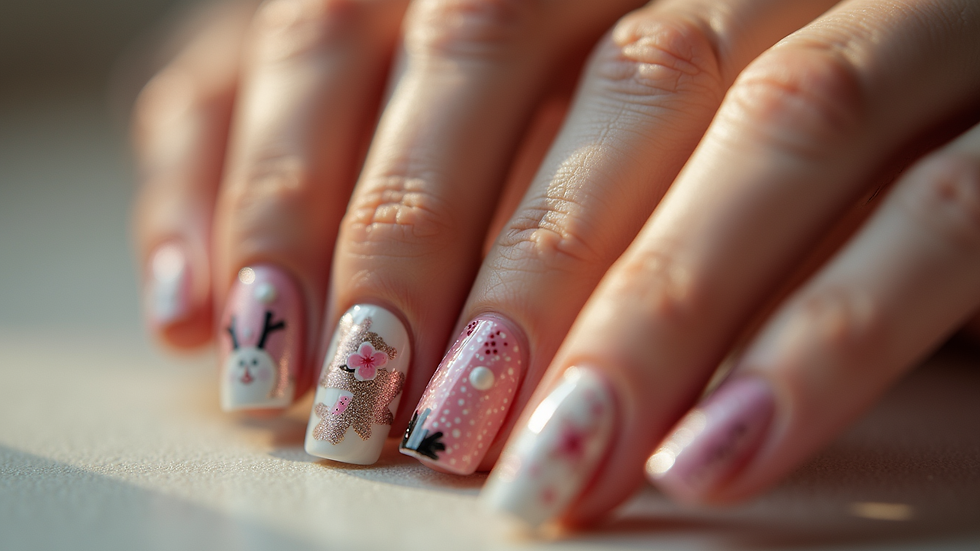 Close-up view of a nail art display featuring seasonal designs