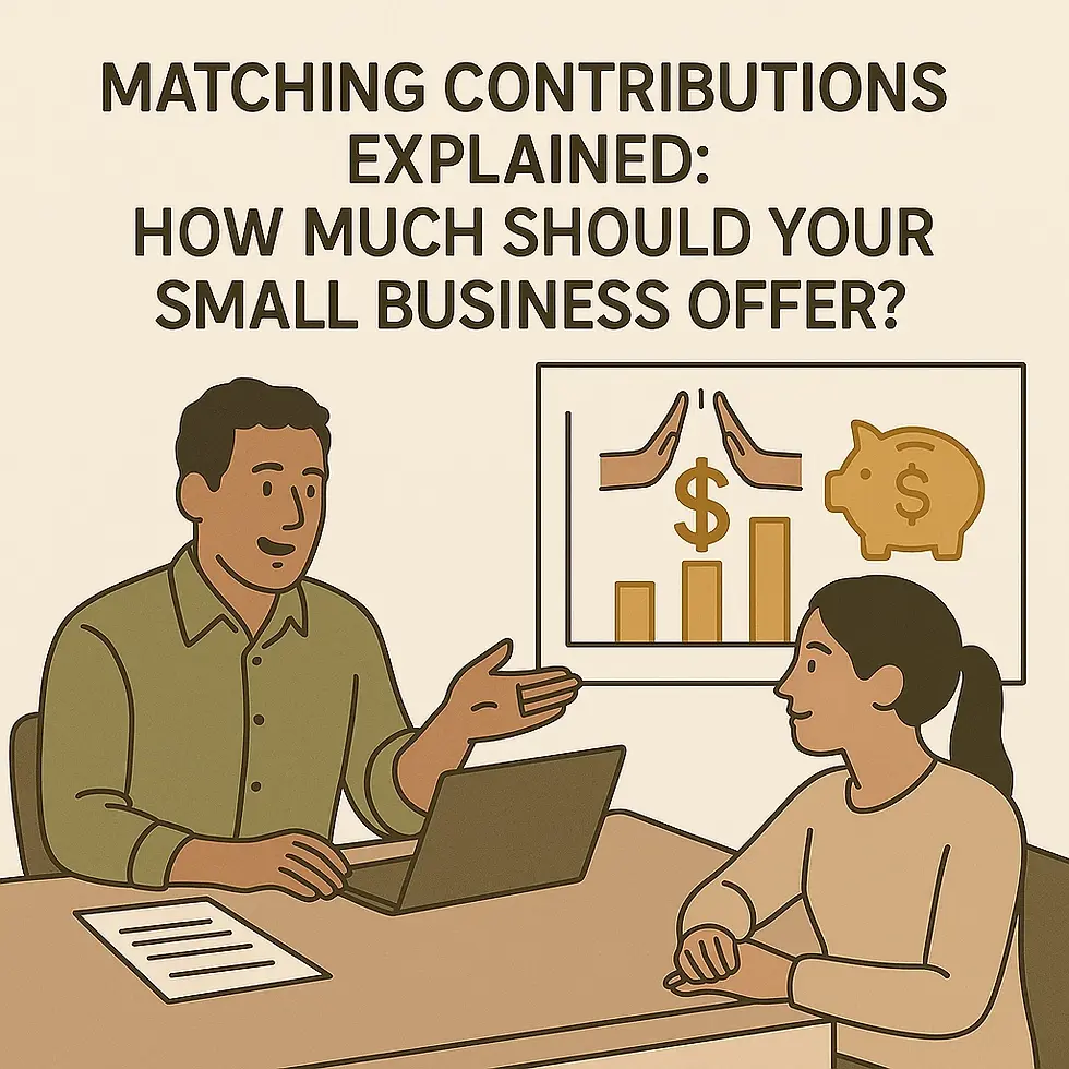 An illustration shows a man and a woman sitting at a table with a laptop and papers. The man, on the left, is speaking and gesturing with his right hand. The woman, on the right, is looking at him. Above the table, a thought bubble or screen displays a bar chart with an upward trend, hands holding a dollar sign, and a piggy bank with a dollar sign on it. The text overlaid on the image reads "MATCHING CONTRIBUTIONS EXPLAINED: HOW MUCH SHOULD YOUR SMALL BUSINESS OFFER?