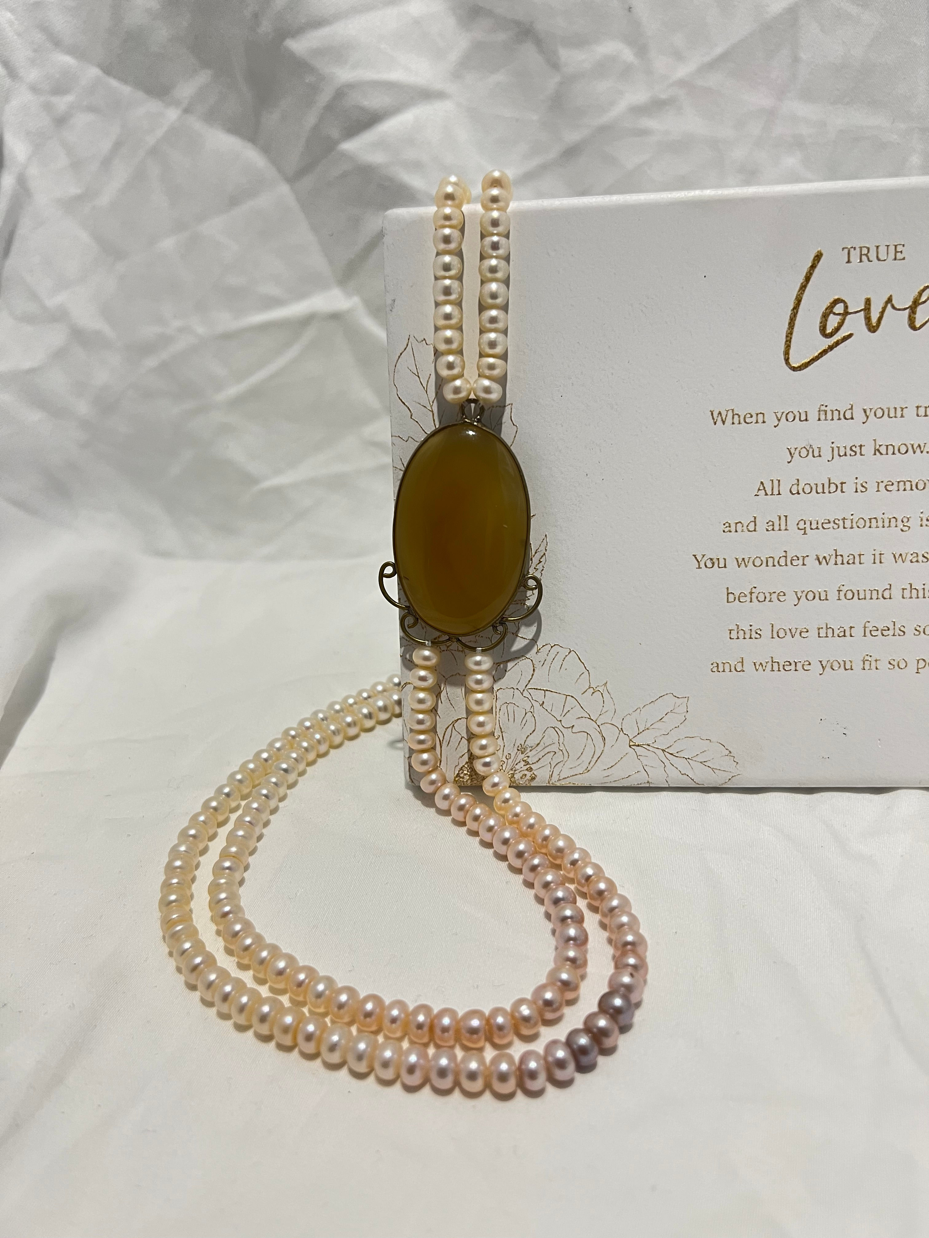 Button Pearl Necklace With Rustic Sunset yellow opal