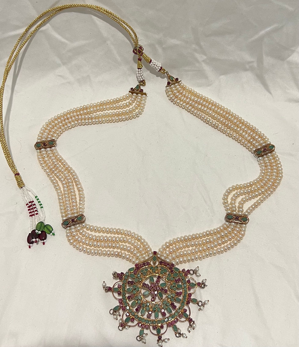 Ranihaar Button Pearls Necklace with Ruby & Green Emerald Pendant