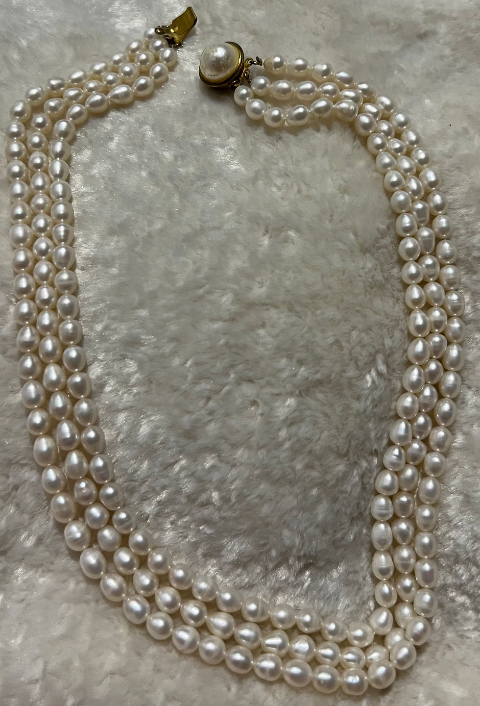 Thumbnail: 5-9 mm AAA Rice Triple Strand Necklace with Pearl Clasp
