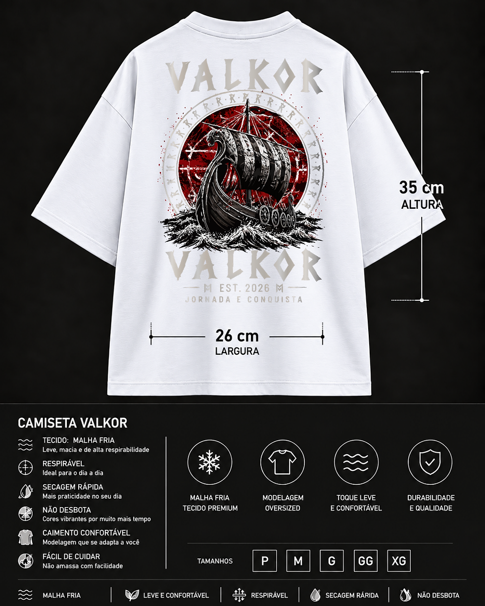 Miniatura: Camiseta Valkor Essential Masculina branca com estampa de navio viking e medidas da estampa.