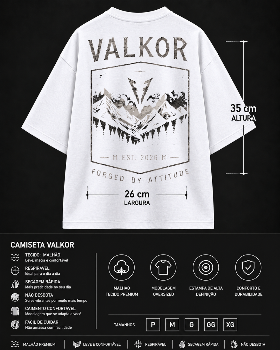 Miniatura: Camiseta oversized branca Valkor com estampa de montanhas.