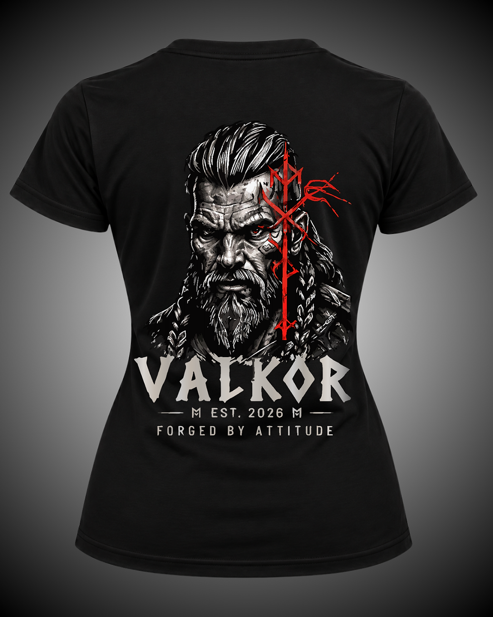 Miniatura: Costas da Camiseta Feminina Valkor Essential com estampa viking