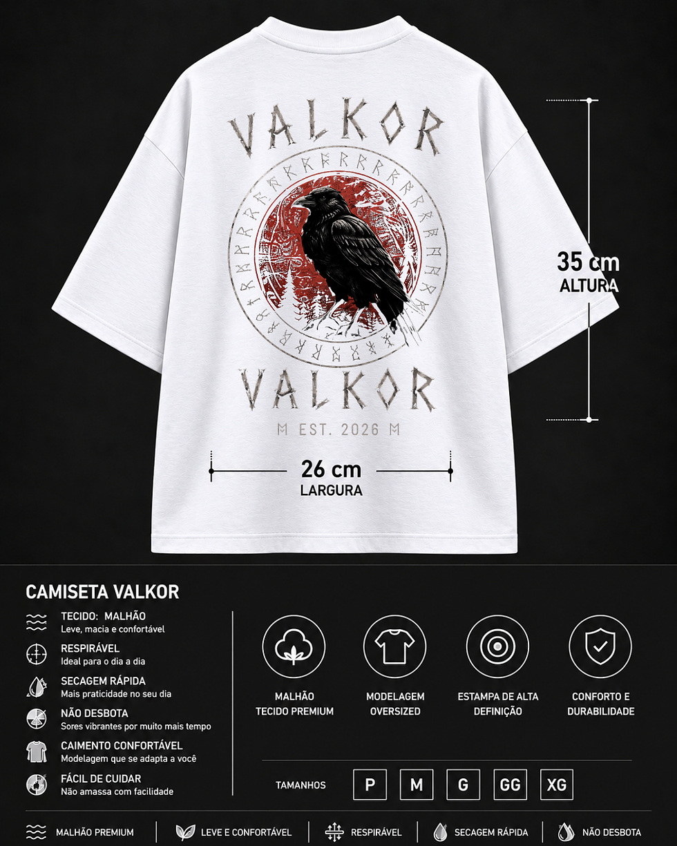 Miniatura: Camiseta Oversized Valkor com estampa de corvo e dimensões de 35x26cm.