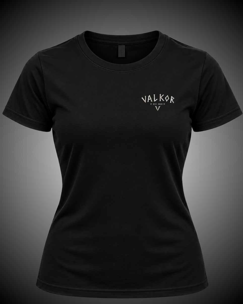 Miniatura: Camiseta feminina Valkor Essential preta com logo no peito
