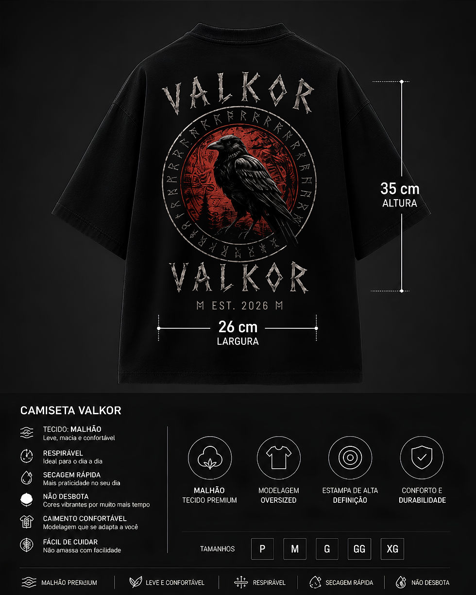 Miniatura: Costas da Camiseta Oversized Valkor com estampa de corvo e medidas.