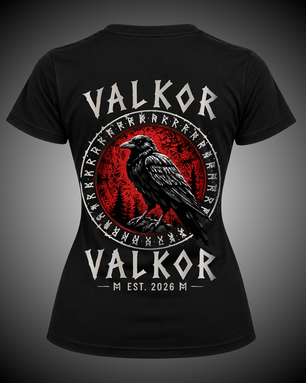 Miniatura: Costas da Camiseta Feminina Valkor Essential com estampa de corvo.