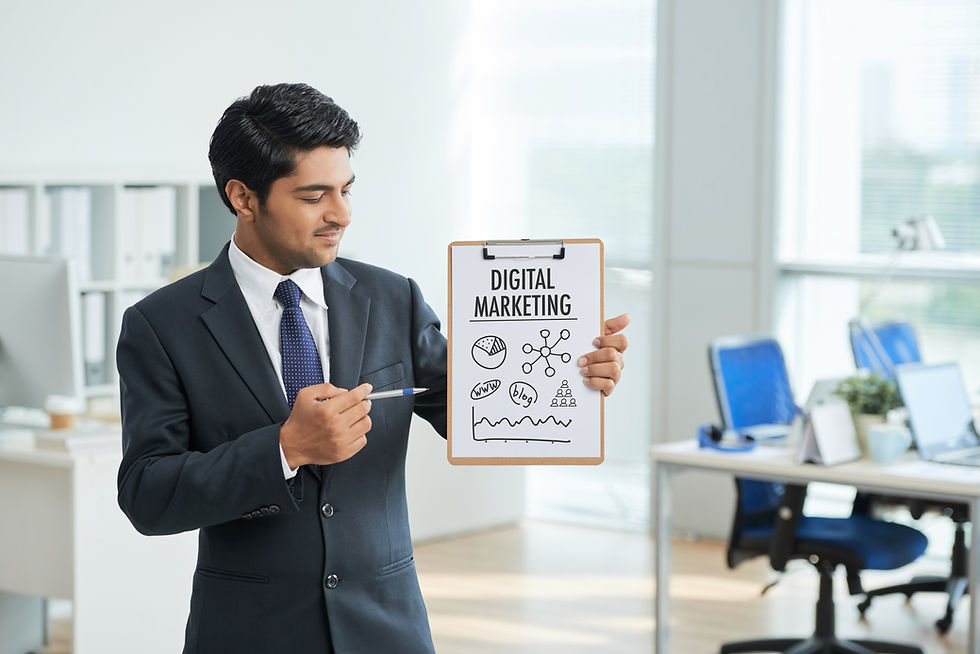 Professional in business attire presenting a clipboard with “Digital Marketing” and related icons, symbolizing career readiness through LAPU’s BS in Digital Marketing program.