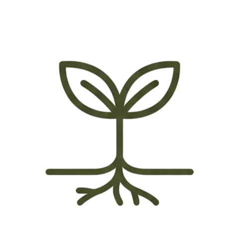 Minimalist icon illustration. Three green line-art icons representing a sprout, a water droplet, and a plant on earth, set against a solid black background, suggesting sustainability and eco-friendliness.