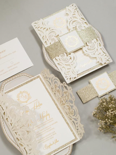 ELEGANT WHITE LACE WITH GOLD LASER CUT INVITATION