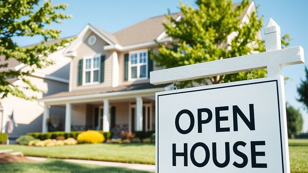 Open house sign in front of a home with green grass and trees.