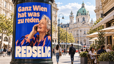 REDSELIG Plakat auf einer Wiener Litfaßsäule mit der Headline Ganz Wien hat was zu reden.