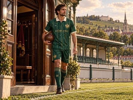 Erwachsener Fußballspieler im imperialgrünen Rasenadel-Trikot am Rand eines Wiener Fußballplatzes vor einem eleganten Palais.