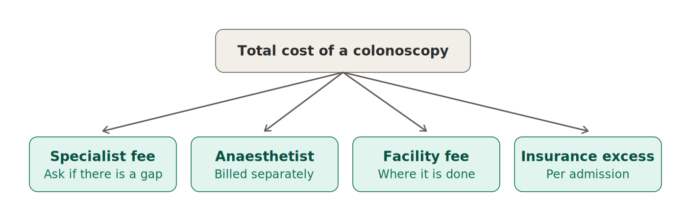 Diagram showing the four separate fees that make up the cost of a colonoscopy: specialist fee, anaesthetist, facility fee, and private health insurance excess.