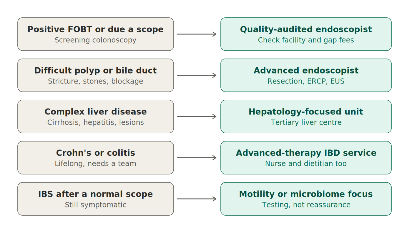 Chart matching five gastrointestinal problems to the type of specialist suited to each: screening colonoscopy, advanced endoscopy, hepatology, IBD services, and motility or microbiome care.