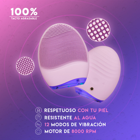 Fotografia de limpiador para la cara rosa sobre fondo degradado rosa y morado con información del producto