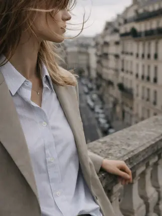 Chica de perfil con traje de color beige