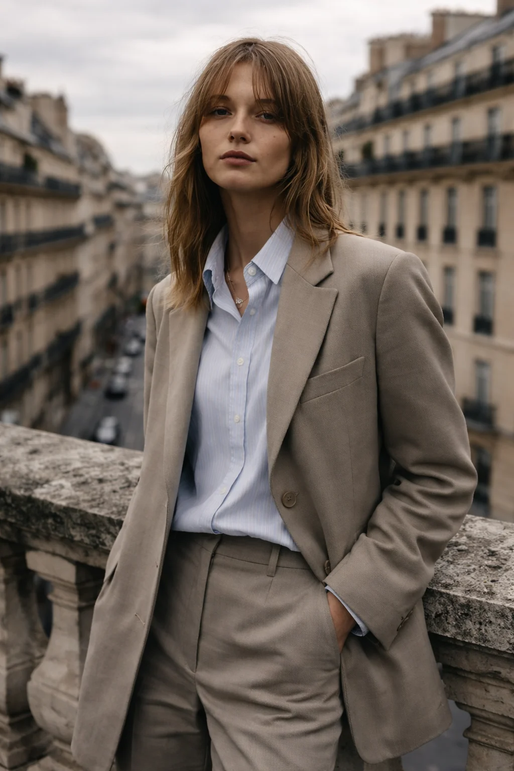 Chica con traje de color beige mirando a la cámara 