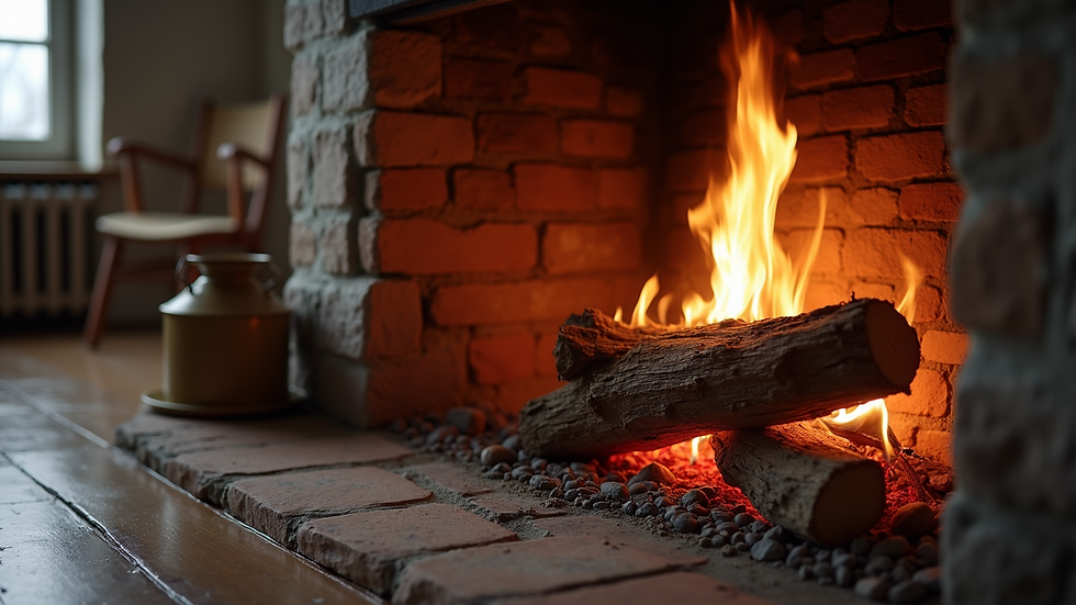 High angle view of fireplace with burning wood and clean chimney