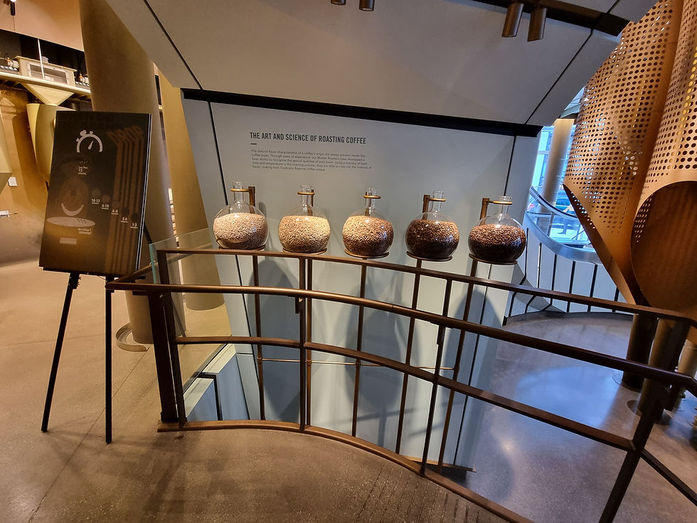 Coffee display with five glass jars filled with beans. Sign on left reads "The Art and Science of Roasting Coffee." Modern interior, warm tones.
