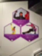 Three hexagonal panels feature Olympic medalists with their achievements in Japanese and English. Athletes show medals and snowboards. Images from display at sapporo Olympic museum.