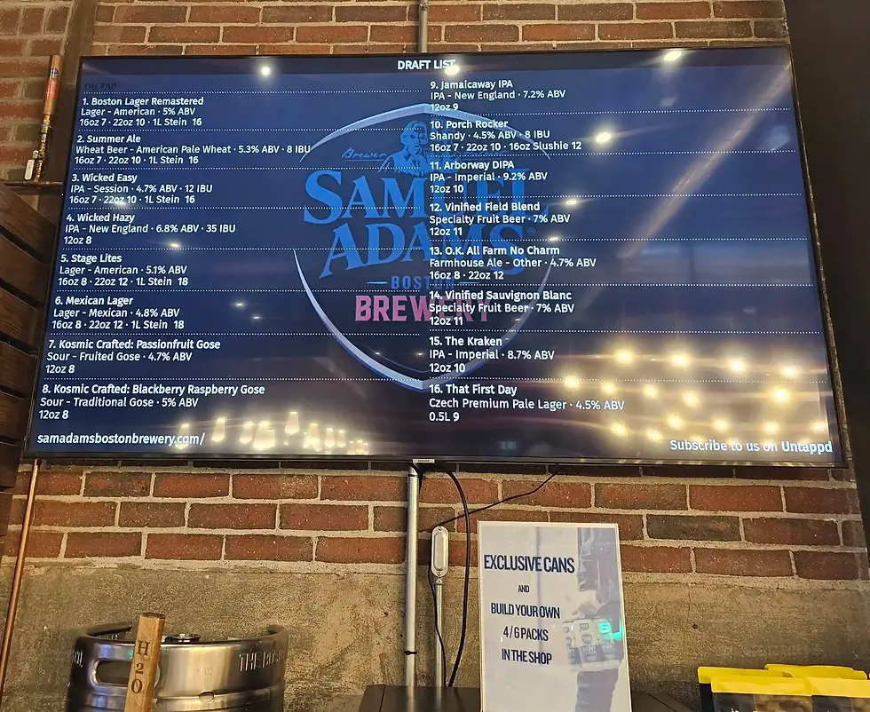 A draft list of beers is displayed on a digital screen against a brick wall. Nearby is a sign about exclusive cans and a beer keg.