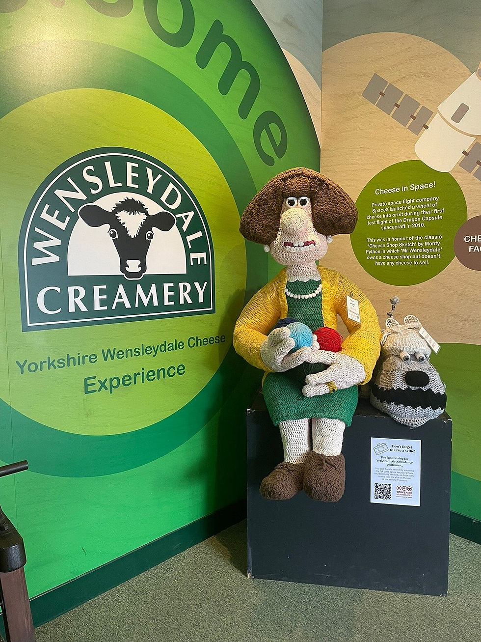 Knitted figure with yarn balls sits next to a sheep on a black box. Wensleydale Creamery sign and green background. Text about cheese in space.